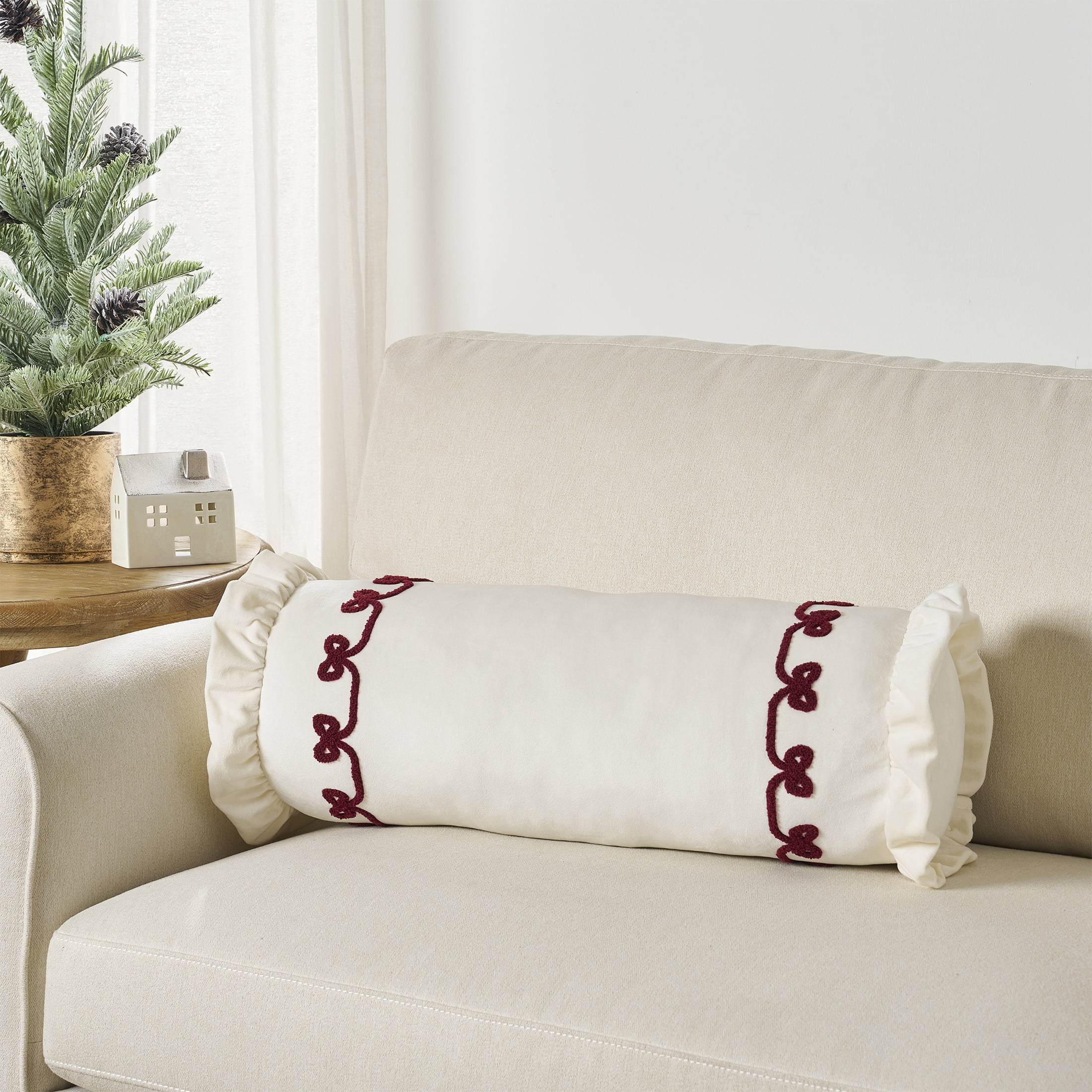 My Texas House 8" x 22" Ivory Velvet Ruffle Bolster Decorative Pillow