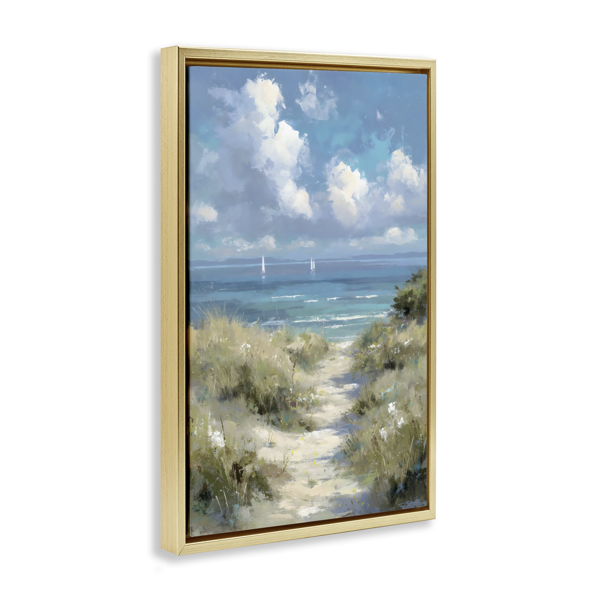 Stupell Industries Impressionist Clouds over Beach Path Gold Framed Floater Canvas Wall Art, design by Petal Prints Design