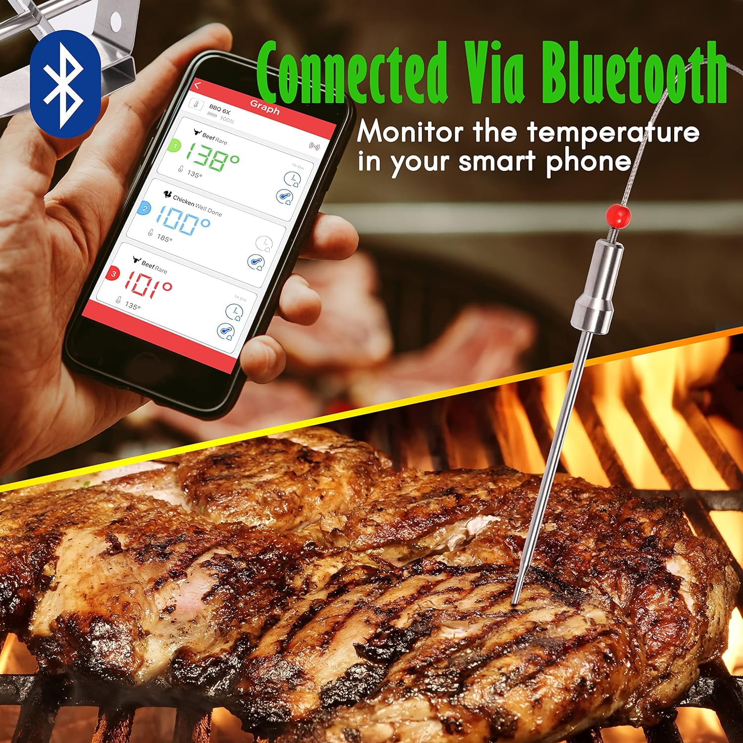 NutriChef PWIRBBQ90 - BBQ Thermometer - Kitchen & Outdoor Wireless Grill  Thermometer with Smartphone App Monitoring