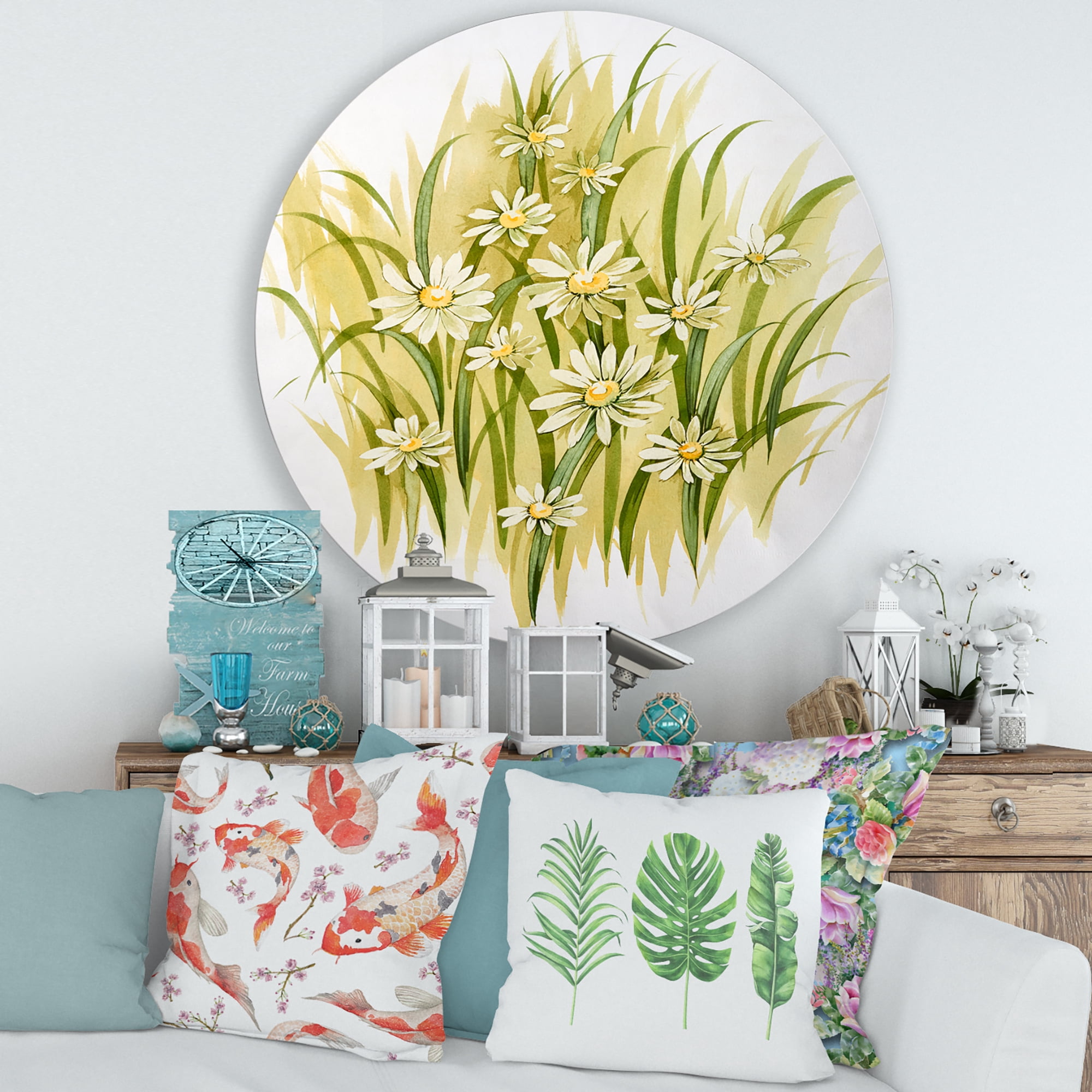 Designart 'Abstract White Meadow Flowers' Traditional Circle Metal Wall Art 29x29 - Disc of 29