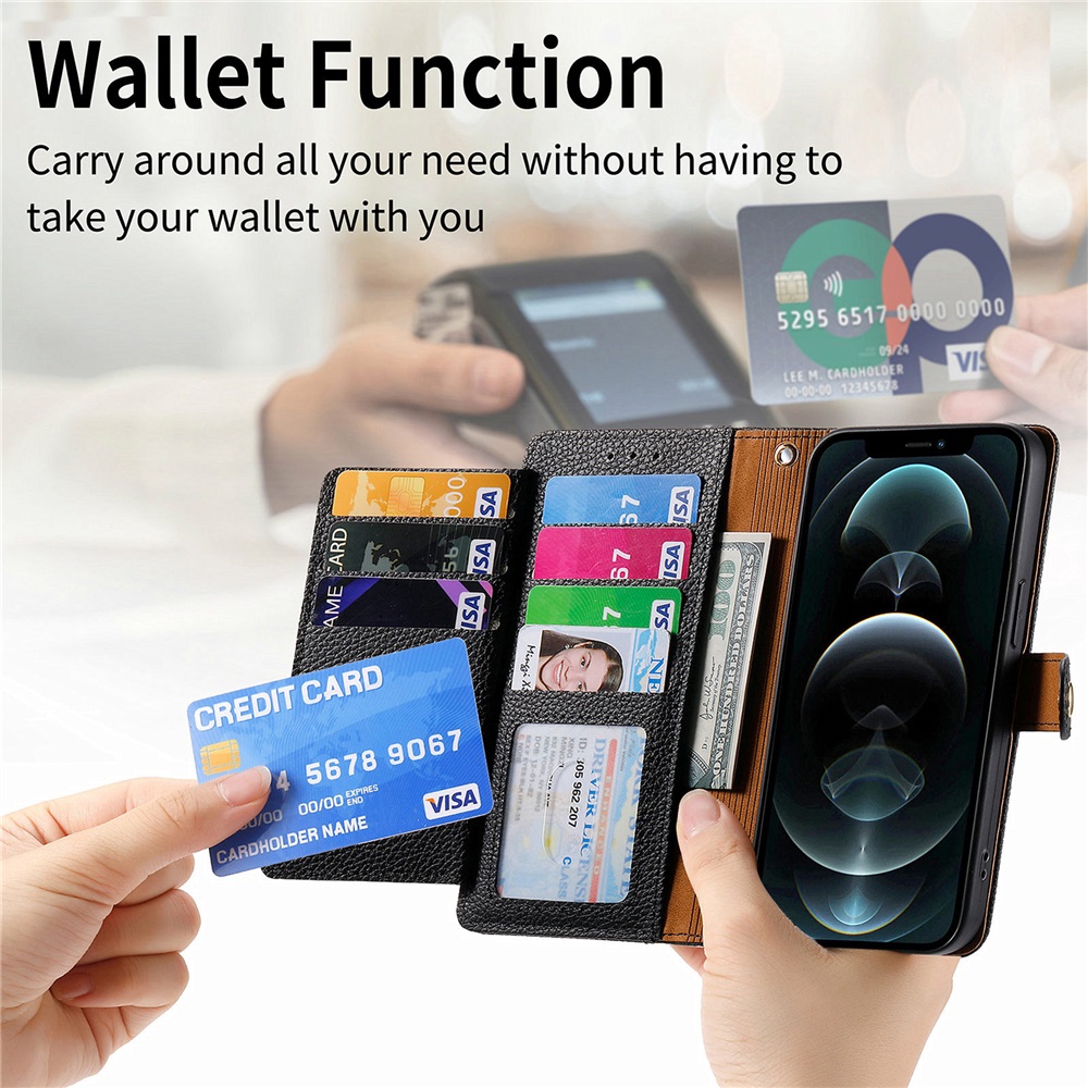For iPhone 12 Pro Leather Phone Case Wallet Zipper Pocket Pouch Folio Flip Cover Kickstand, Multi Anti-theft Card Holder Cash Slot, Double Magnetic Buckle, Wrist Lanyard,Black,For iPhone 12 Pro