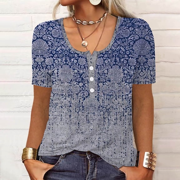 Idoravan Summer Tops for Women Clearance Fashion Women Summer Flare Sleeve Three Quarter Floral Lace Office Lady Blouse Tops