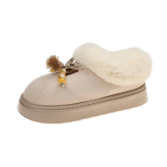 Beige Female Comfortable Indoor Outdoor Shoes With Velvet Lining And Thick Sole For Winter