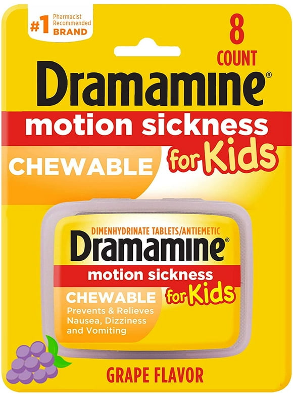 Dramamine Kids Chewable, Motion Sickness Relief, Grape Flavor, 8 Count