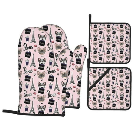 

Oven Mitts and Pot Holders 4 pcs Set Funny French Bulldog Eiffel Tower Heat Resistant Pot Holders Oven Mitts for kitchen Non-Slip Hanging Loop Oven Glove Potholders for Baking Cooking