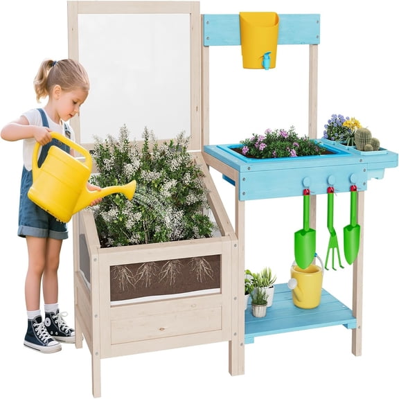 Studyset Outdoor Wood Mud Kitchen for Kids, Potting Bench w/Garden Bed, See-Through Planter Box, Removable Sink & Faucet, Gardening Toys ＆ Storage Shelf, Toddler Playset for for Children Ages 3 
