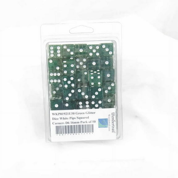 Green Glitter Dice with White Pips Squared Corners D6 16mm (5/8in) Pack of 50 Wondertrail