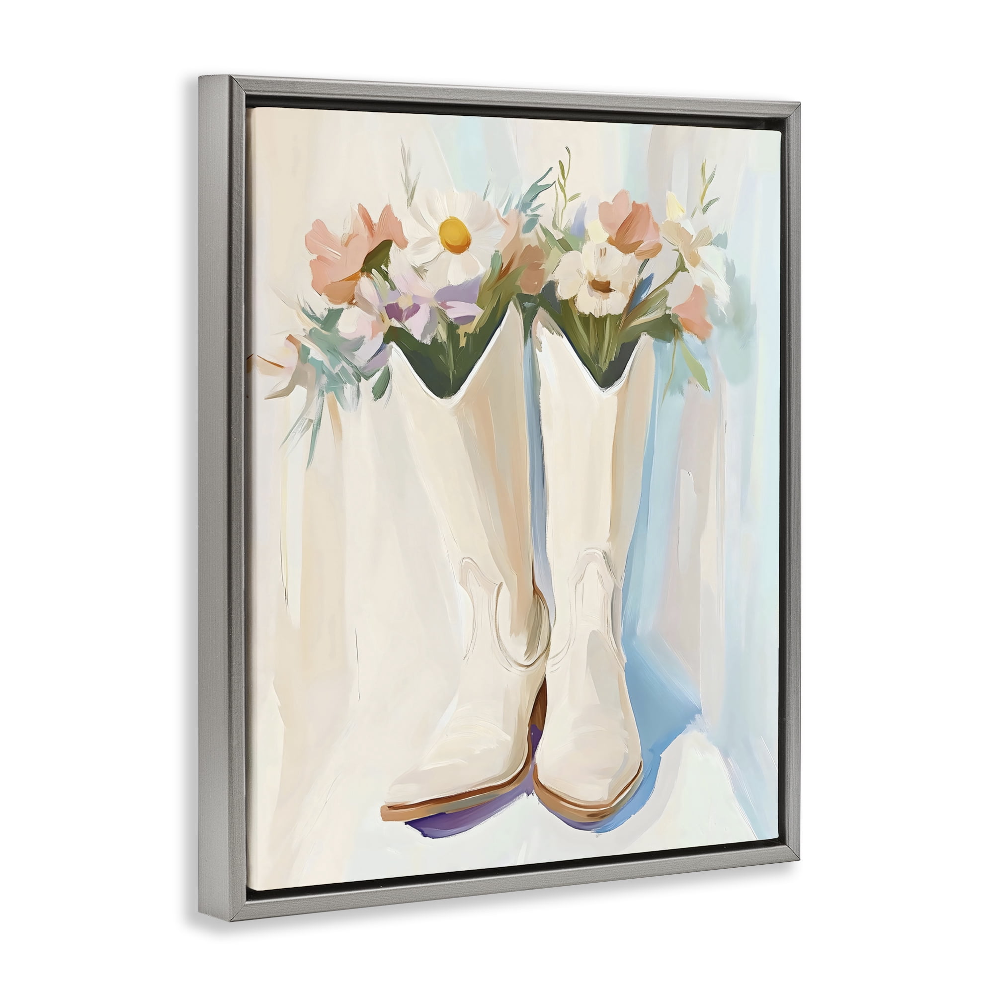 Stupell Industries Floral White Cowgirl Boots Gray Framed Floater Canvas Wall Art, design by The Prints Vibe
