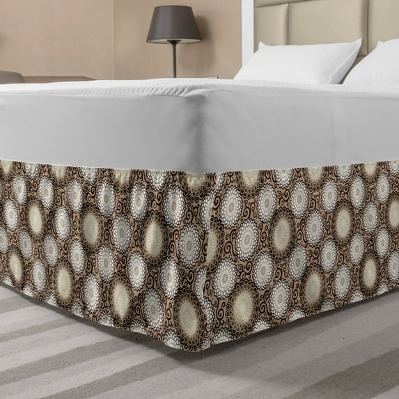 Brown Mandala Bed Skirt, Vintage Pattern with Contrast Oriental Dahlia Flowers Curlicues, Elastic Bedskirt Dust Ruffle Wrap Around for Bedding Decor, 4 Sizes, Chocolate White and Tan, by Ambesonne
