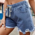 thumbnail image 4 of JWZUY Women Mid Rise Ripped Stretchy Jeans Shorts Frayed Raw Hem Casual Drawstring Denim Shorts 2-Blue Small, 4 of 8