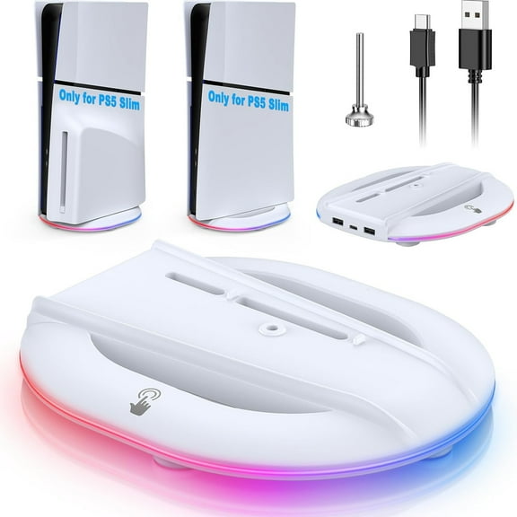 Vertical Stand Accessory for PS5 Slim Console Disc Digital Version, with 14 Light Modes 2 Usb Ports Screws-White