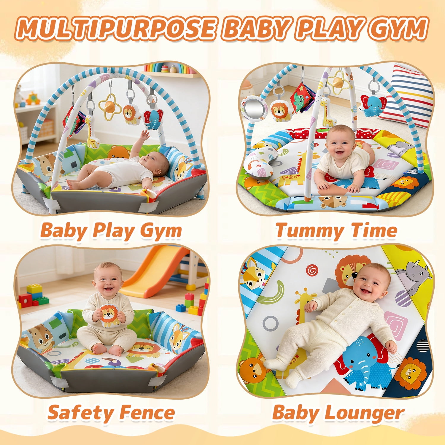 JoyStone Baby Gym Play Mat, 8-in-1 Tummy Time Mat, Infant Play Gym with 6 Detachable Toys, Washable Activity Mat & Ball Pit, Baby Toys Gift for Ages 0-18M