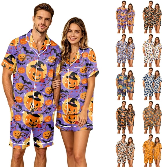 Button Down Short Sleeve Pajama Top With Chest Pocket For Men Halloween Pumpkin Bat Print Elastic Waist Shorts Set