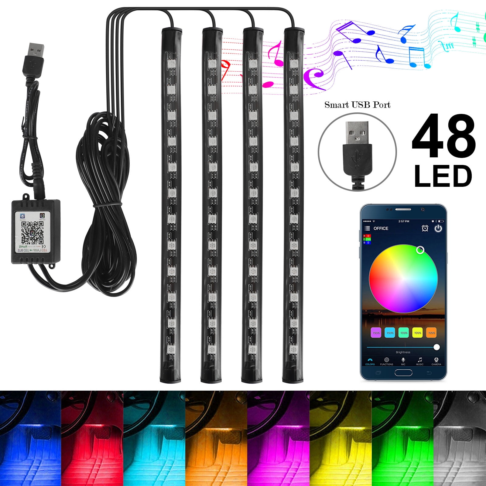 Free Car Charger DC 12V 4pcs 48 LED Light Strips APP Controller Waterproof Car Atmosphere Footwall Lighting Kits Multi DIY Color Underdash with Music Sound Active Function Interior Car Lights 