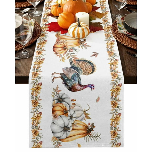 Fall Table Runner Thanksgiving Harvest Pumpkin Turkey Table Runners Sunflower Autumn Maple Leaves Cotton Linen Dresser Scarf Kitchen Dining Table Decor for Fall Holiday Party Decor 13x90 Inch
