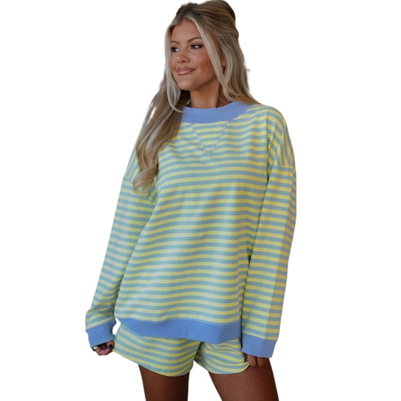 Casual Women's Yellow Stripe Color Block Long Sleeve Pullover & Shorts Set for Spring, XL