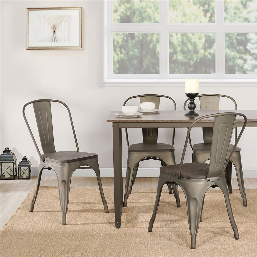 Alden Design Metal Stackable Dining Chairs with Wooden Seat Set of 4 Gunmetal Gray