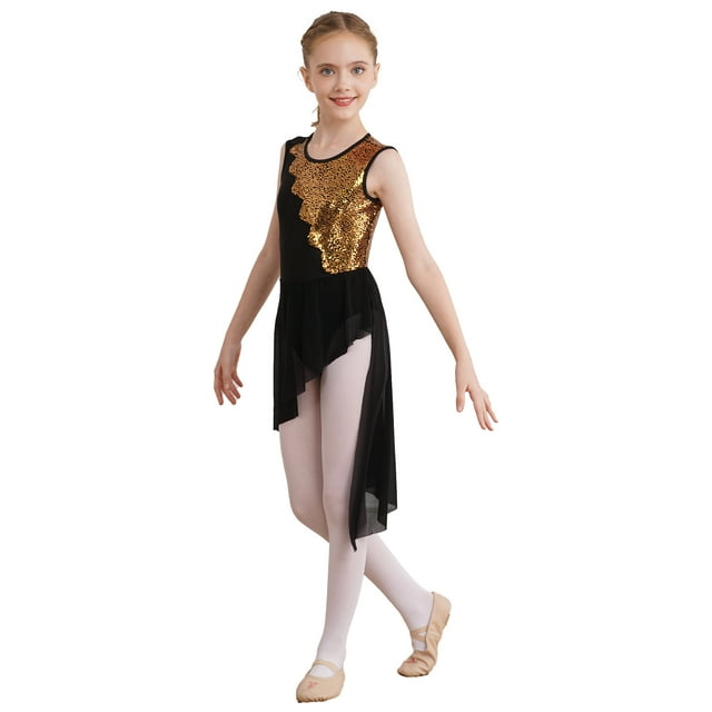 Raenseen Robe de Ballet Brillante pour Filles Ourlet Irrégulier Jupe de Danse pour Jazz Latin Dansant Noir 10