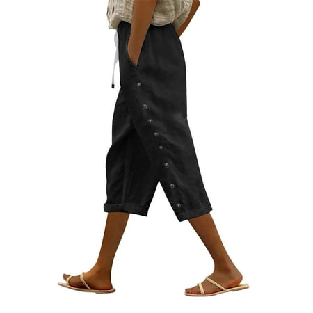 Prdecexlu Cotton Linen Capris for Women Side Button Summer Elastic Waist Wide Leg Casual Cropped Pants Drawstring Loose Solid Color Beach Vacation Trousers with Pockets Black L