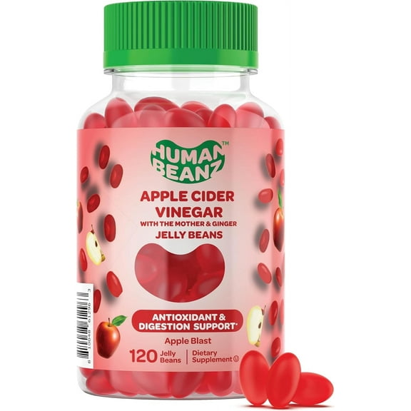 Human Beanz Apple Cider Vinegar Jelly Beans with Mother & Ginger, ACV Gummies for Digestive Health, Vegetarian Detox Cleanse Supplement, Gluten-Free Kosher Halal, 120 Apple Gummies