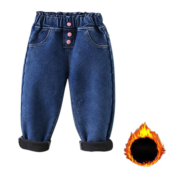 ZACPNCV Little Girls Fleece Lined Thicken Denim Jeans Winter Warm Solor Color High Waist Pants Blue 4-5 Years