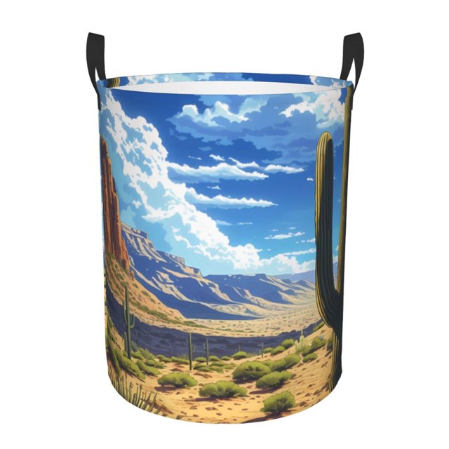 Balery Western Desert Cactus Cesta de ropa redonda con asas, impermeable, independiente, para ropa, juguetes, dormitorio y familia-Small