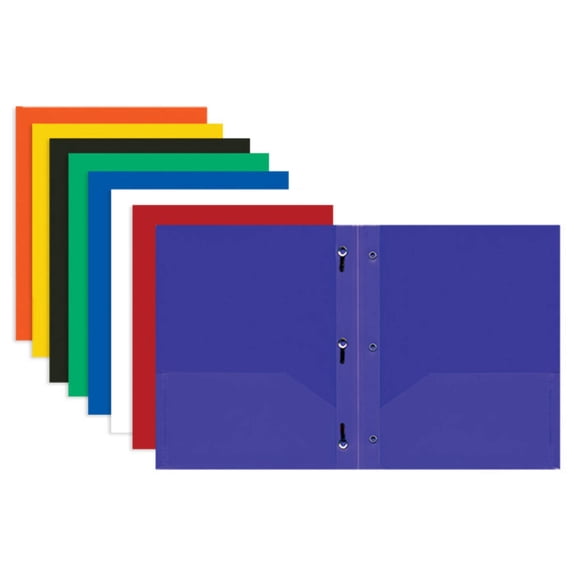 BAZIC Solid Color 2 Pockets Poly Folder Portfolio, 3 Prong Fastener Clip, 8-Pack