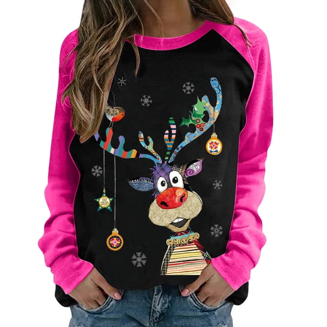 Costumes de Noël en Liquidation Col Rond Mode Décontractée Manches Longues Chandail en Molleton Imprimé de Noël Blouse Chandail en Molleton Surdimensionné pour Femmes