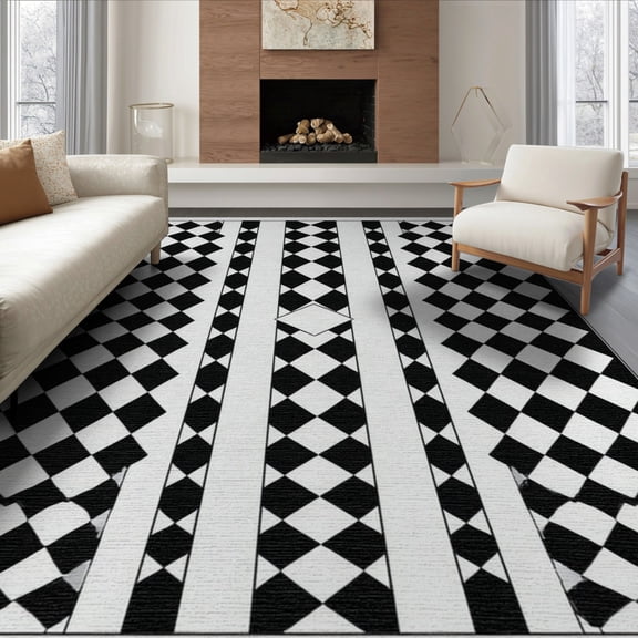 ODIKA 8'x10' Washable Area Rug Durable, Non-Slip Grid Race Checkered Checkerboard Bold Car Classroom Checker Funky for Living Room, Under Sectional, Family