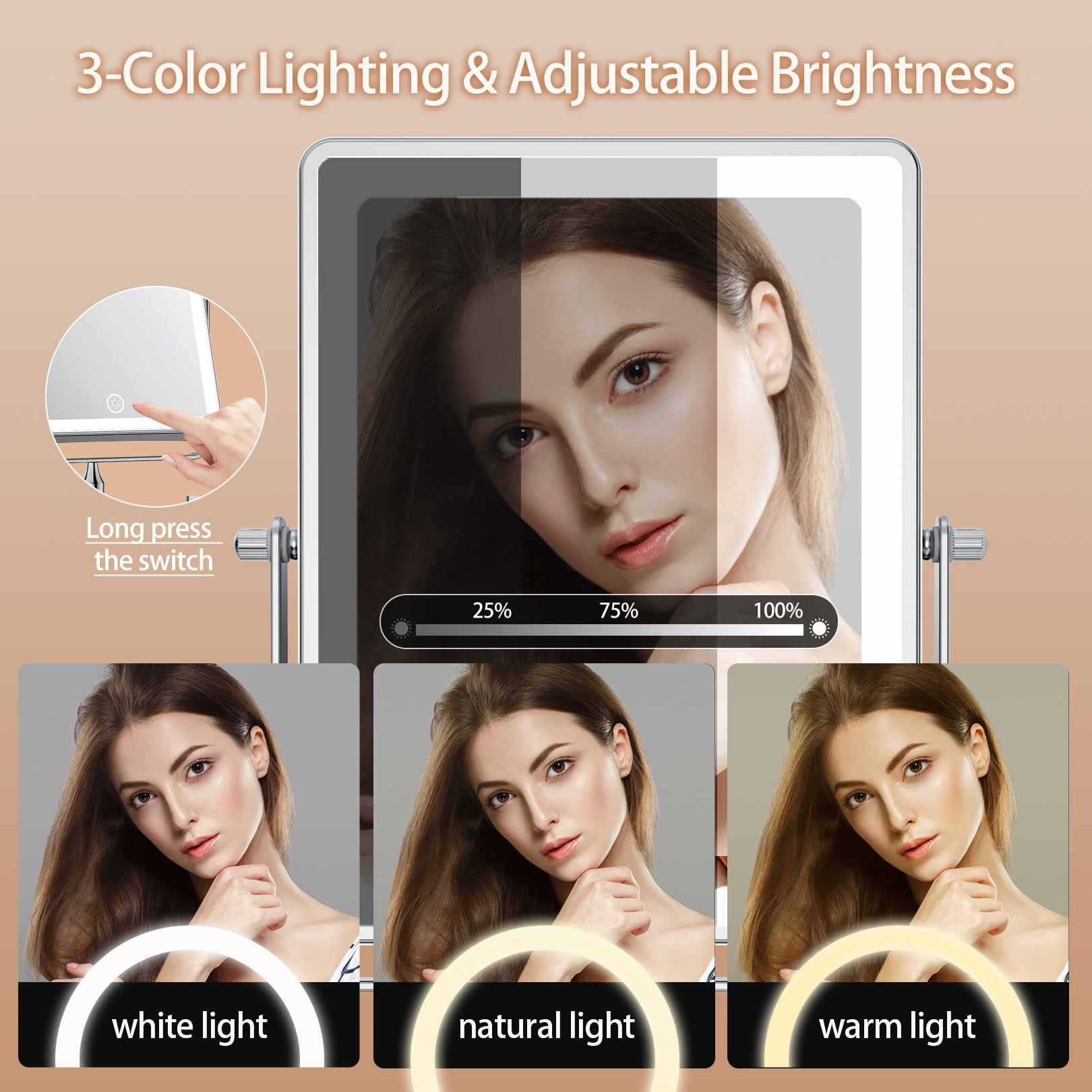 Funtouch Double Sided 1X 10X Magnifying Wall Lighted Mounted Makeup Mirror with Extended Arm, 360° Swivel Foldable, 3 Color Settings, Chrome