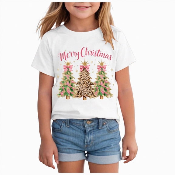 sdbrld Christmas Shirts for Kids Girl Xmas Cute Graphic Tshirts Cartoon Short Sleeved Tee Tops White Sizes 3-4 Years