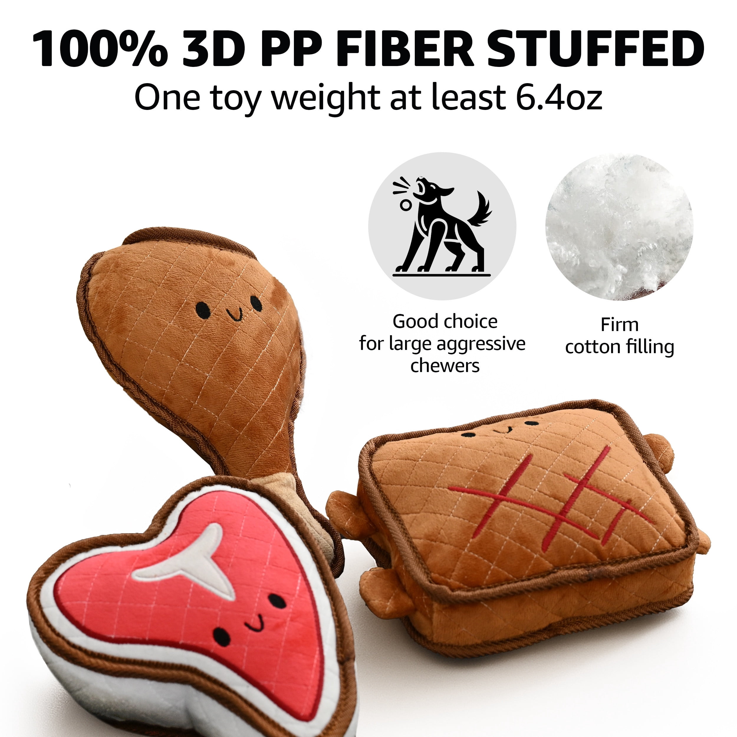 Max & Marlow Indestructible Plush Dog Chew Toy for Aggressive Chewers, Chicken, Beef, and Sandwich 3 Pack