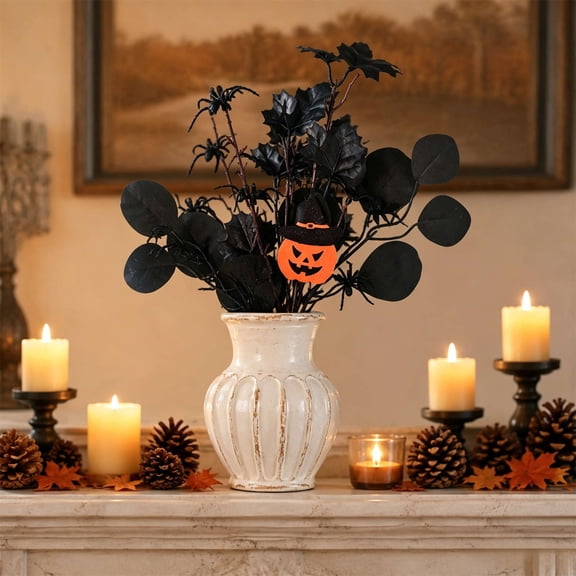 Halloween Spooky Artificial Twig Branch Floral Pick, Plastic Vase Filler with Pumpkin Face Spider Detail for Tabletop Porch Yard Party Decor
