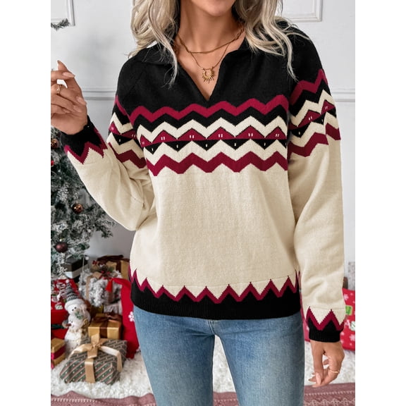 Women’s Christmas Chevron Striped Polo Collar Sweater, Long Sleeve Vintage Fair Isle Knit Pullover