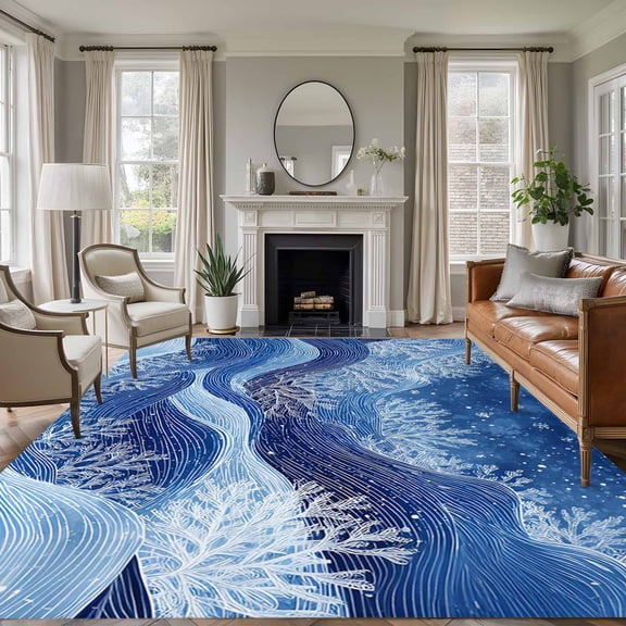 Nautical Coastal Area Rugs 5'x7', Small Throw Rugs for Laundry Room Playroom, Watercolor Summer Ocean Waves Coral Blue Indoor Outdoor Rug Non-Slip Low Pile Carpet Runner Reversible Floor Mats
