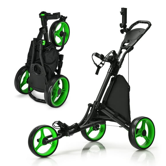 Gymax 3-Wheel Foldable Golf Push Pull Cart Trolley w/ Adjustable Handle Green