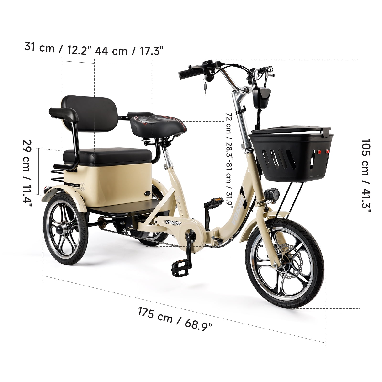 VIPQV Electric Tricycle, 400W Folding Trike Ebike 16", 3 Wheel Electric Tricycle, 14MPH Max Speed, Up to 34 Miles , 48V 12AH UL2849 Tricycle for Adults