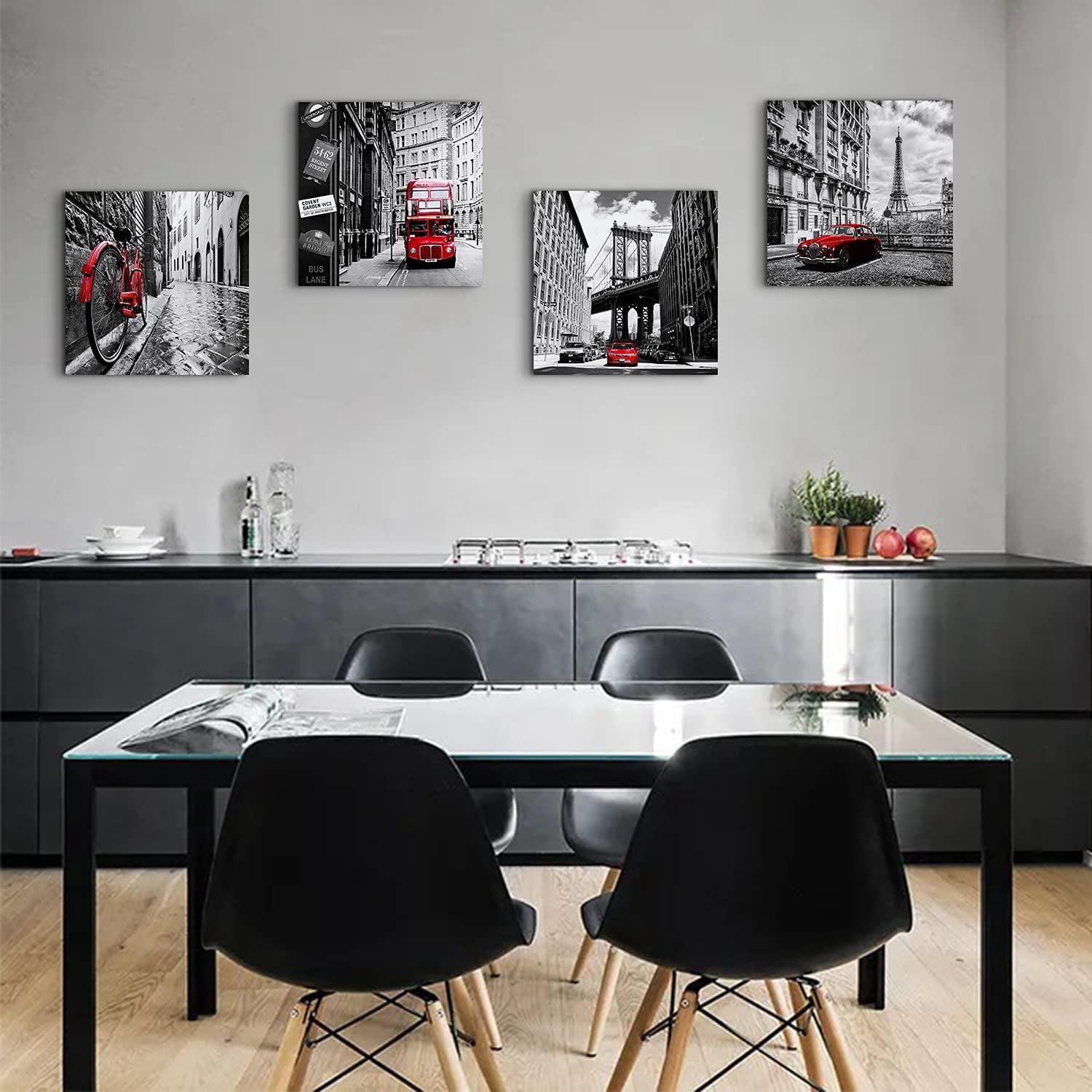 Black and White City Wall Art Red Paris Wall Decor for Bathroom Living Room New York London Italy Cityscape Pictures Canvas Prints Modern Framed Artworks Bedroom Office Kitchen Decorations 16×16" 4 P