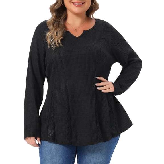 Agnes Orinda Women's Plus Size Halloween Outfits Waffle Knit Tunic Top Textured Notch V Neck Lace Panel Long Sleeve Casual Daily Peplum Blouse 2X Black
