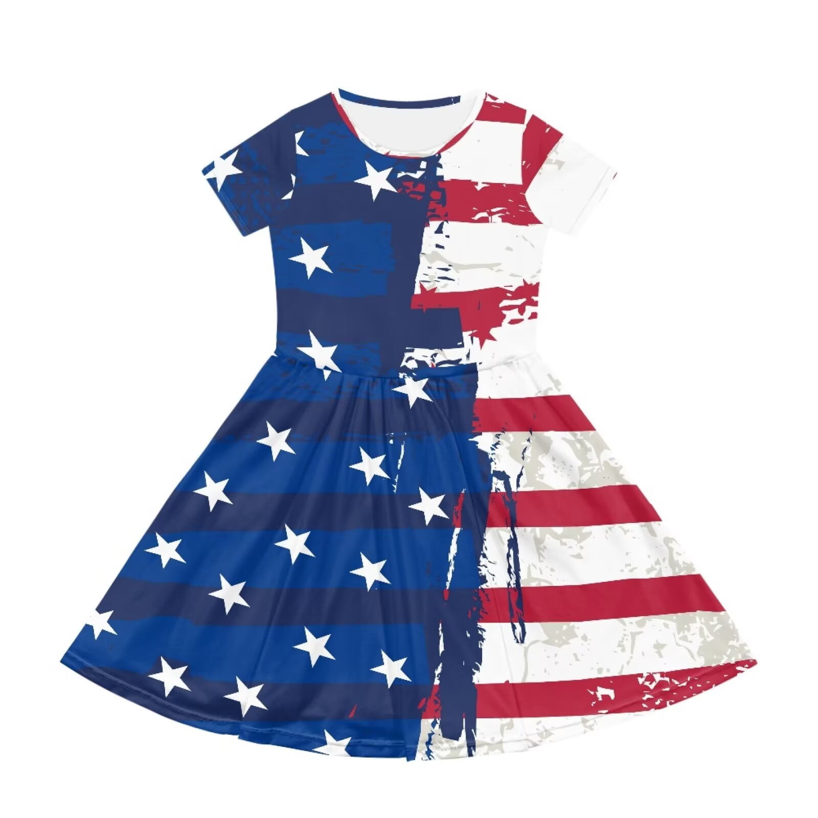 Uourmeti American Flag Patriot Short Sleeve Swing Dress for Toddler Girls Independence Day Casual Crew Neck Midi Trendy Knee A-Line Party Dresses with Pockets July 4 Clothing