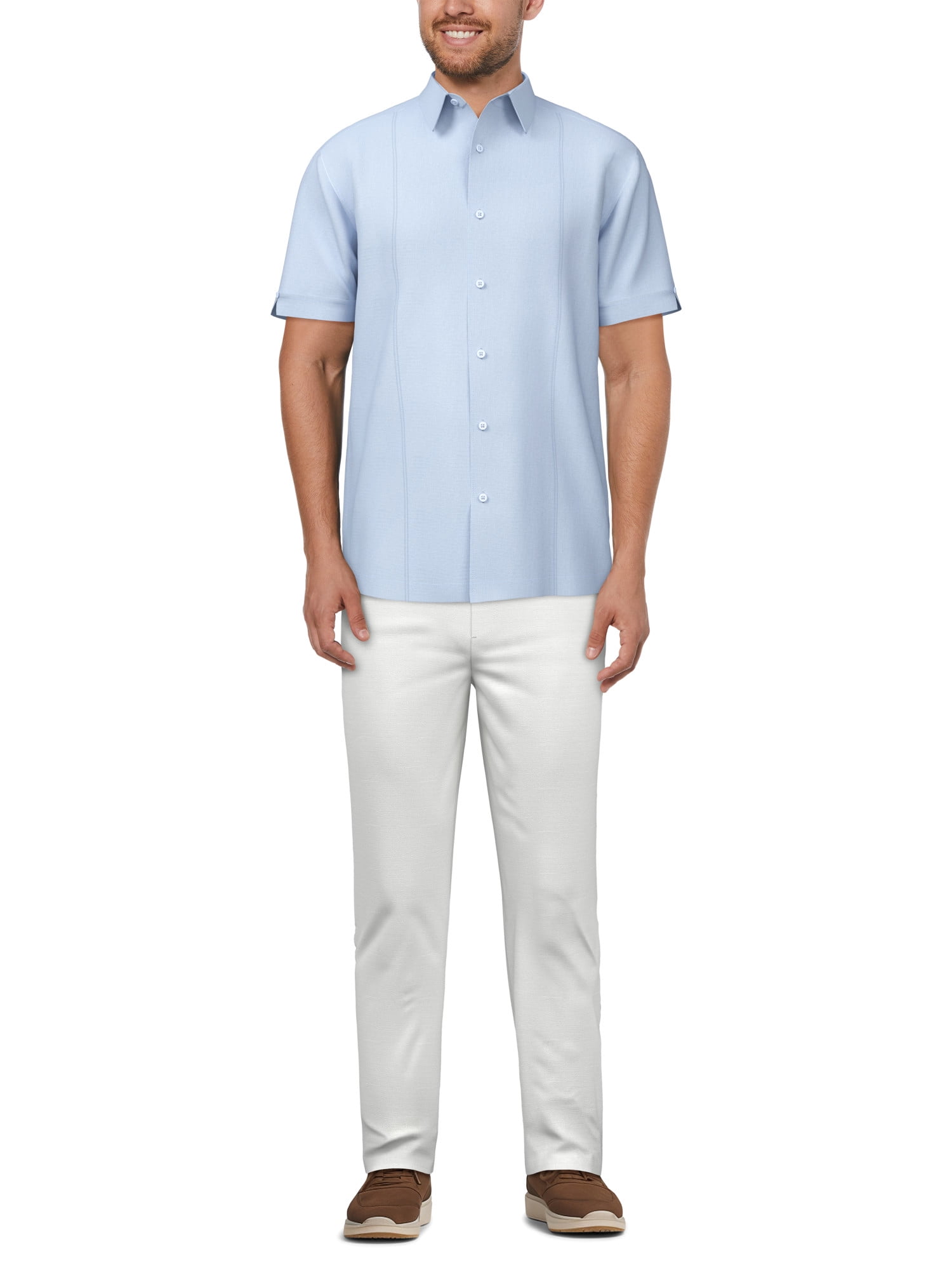 Cafe Luna Men's and Big Men's Short Sleeve Linen Cotton Tuck Panel Woven Shirt, Sizes S-5XL