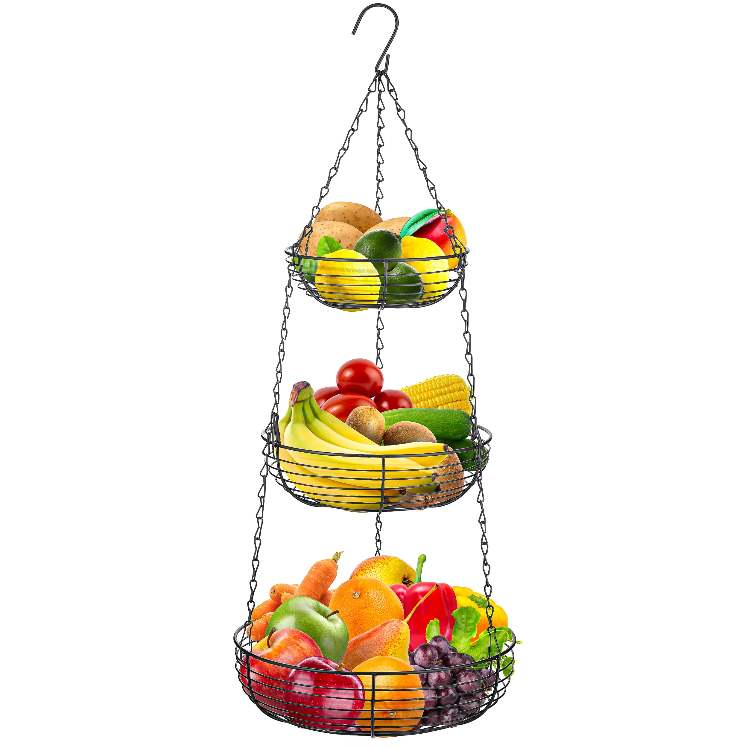 DII CBBB01331 3-Tier Fruit and Vegetable Basket with Sturdy Metal Chain Hanging Hook and Detachable Round Wire Nesting