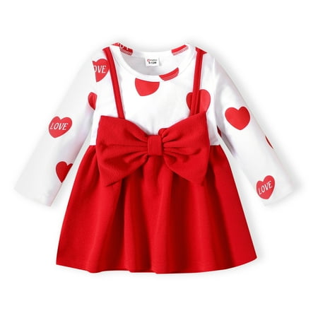 

PatPat Baby Girl Love Heart Print Sling Bowknot Splicing Dress Infant Long Sleeve Fall Outfit Suspender Midi Dress Casual A-Line Party Birthday Valentine s Day Newborn Skirt Spring Clothes 3-24Month