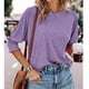 thumbnail image 5 of Blusa de verano para mujer con puños fruncidos, informal, holgada, de color liso, con cuello redondo, para citas, 5 of 7