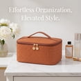thumbnail image 3 of Large Capacity Travel Makeup Bag, Portable PU Leather Woven Textured Cosmetic Organizer Case with Handle, Wide Open Zipper Makeup Storage Bag with Dividers for Women Travel Daily Use, Brown, 3 of 7