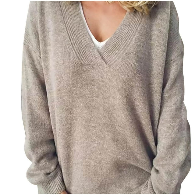 Timegard Womens Sweaters V Neck Long Sleeve Pullover Solid Color Oversized Tops Loose Comfy Blouses