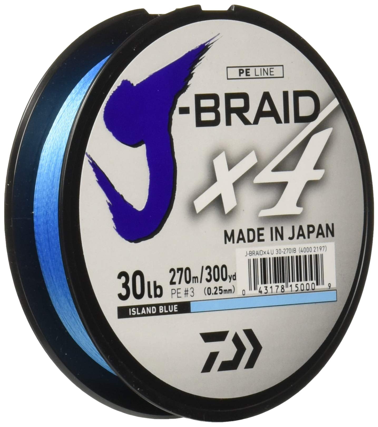 Daiwa J-Braid x4 Braided Fishing Line 300 Yards, 30 lbs, .010 Inch Diameter, Island Blue