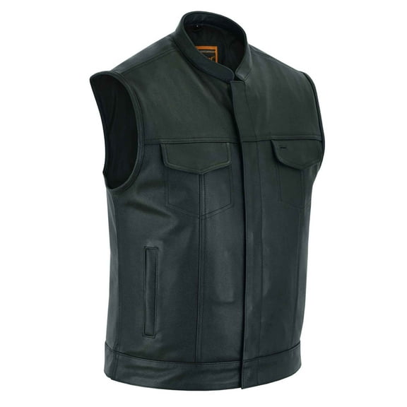 Daniel Smart Leather Motorcycle Vest Black Biker Vest for Men with Unique Scoop Collar Design
