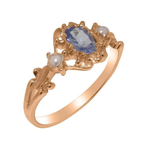 LBG British Made 18k Rose Gold Natural Tanzanite & Cultured Pearl Womens Promise Ring - 33 size options - Size 7