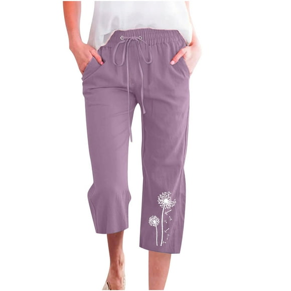 Bowake Womens Summer Cotton Linen Capri Pants Elastic Waist Drawstring Straight Leg Capris Casual Beach Lounge Trousers